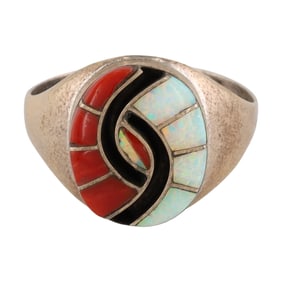 Amy Locaspino Zuni Native American Sterling Coral Opal Inlay Ring