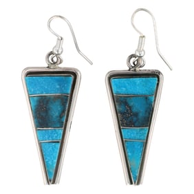 Brandon Etcitty Navajo Sterling Kingman Turquoise Inlay Drop Earrings