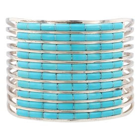 AL Wallace Zuni Sterling Kingman Turquoise Channel Inlay Cuff Bracelet