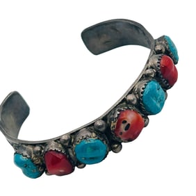 Navajo Turquoise Coral Sterling Cuff Bracelet 30.36 G
