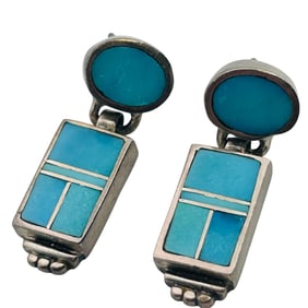 Navajo Signed W Sterling Inlay Turquoise Dangle Earring 7.1 G
