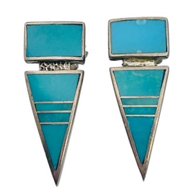 Navajo Signed W Turquoise Inlaid Earrings 7.3 G