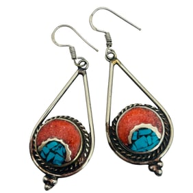 Native Coral Crushed Turquoise Solid Sterling Dangle Earrings 27.55 G