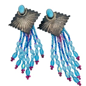 Navajo Signed AP Turquoise Sterling Dangle Beaded Earrings 14.63 G