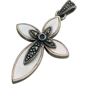Mother Of Pearl Marcasite Sterling Cross Pendant 4.65 G