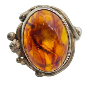 Amber Sterling Round Ring Size 8, 8.52 G