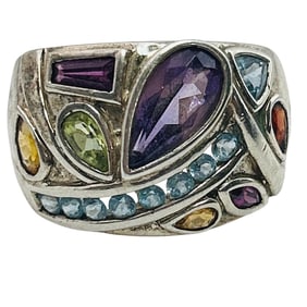 Topaz peridot Garnet, Citron Multi Gemstone Sterling Dome Ring Size 6, 6.9 G