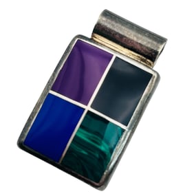 Southwest Sterling Inlaid Gemstone Rectangle Pendant 14.83 G