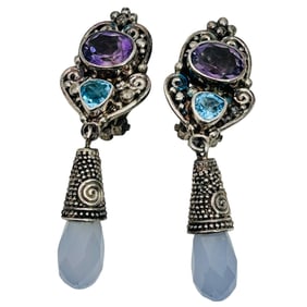 SAJEN Sterling Amethyst Topaz Tourmaline Clip On Earrings 22.96 G