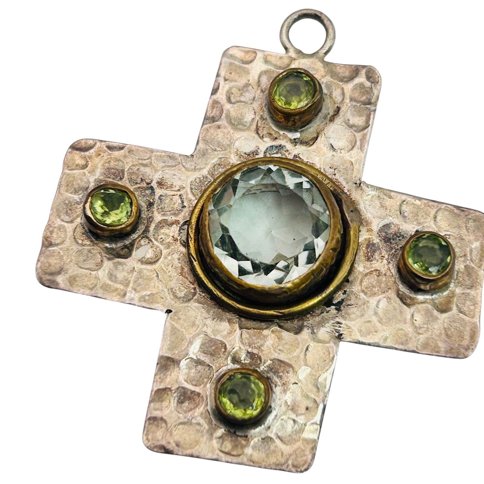 Signed Aqua and sterling Cross pendant 9.07 g: Signed Aqua and peridot sterling Cross pendant 9.07 g