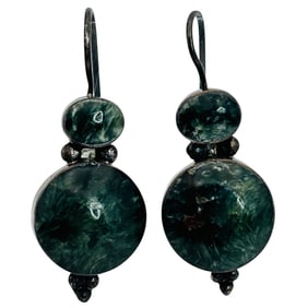 950 Silver Vintage Seraphinite Sterling Hook Back Earrings 5.86g