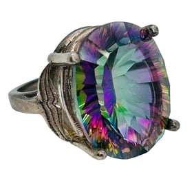 CABF Mystic Topaz Signed  Sterling Statement Ring Size 6, 10.42 G