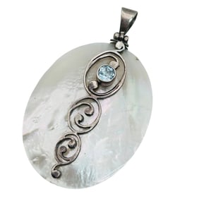 Topaz Mother Pearl, Sterling Oval Pendant 13.72 G