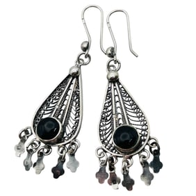 Sterling Filigree Dangle Blackstone Earrings 14.05 G