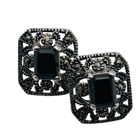 FAS ONYX MARCASITE Sterling Square Stud Earrings 4.31 G