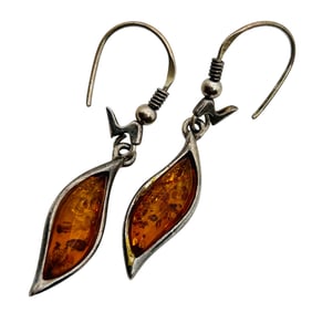 Amber Sterling Hook Dangle Earrings 3.66 G