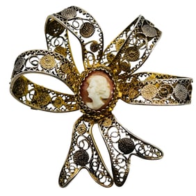 Vintage 900 Silver Cameo Filigree Brooch 8.18 G