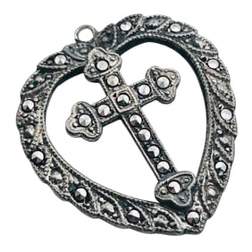 THEDA MARCASITE Sterling Cross Heart Pendant 3.16 G