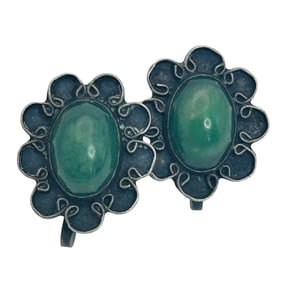 Vintage Mexico, Green Stone Flower Sterling Earrings Screwback 6.71 G