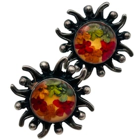 Mexico, Sterling Dried Flower Encased Earrings 7.11 G
