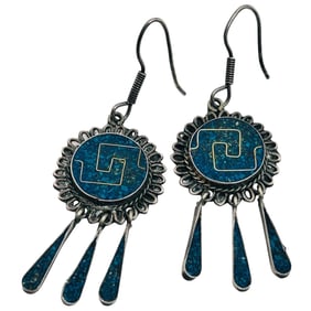 Mexico Crushed Turquoise Sterling Dangle Earrings 10.55G