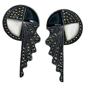 Judith Jack Marcasite Onyx MOP STERLING MODERN EARRINGS 21.90 G