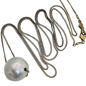 Signed CL Pearl And Sterling Long Herb Chain Necklace 7.8