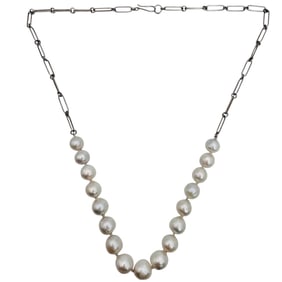 Baroque Pearl And Sterling Paper Clip Chain Necklace 43.9 G