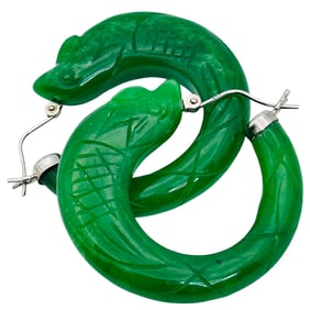 DJoy  Jade Sterling  Carved Fish Hoop Earrings 18.01 G