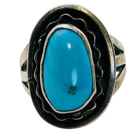 Mexico Turquoise Sterling Statement Ring Size 7.5 Comma 6.4 G.