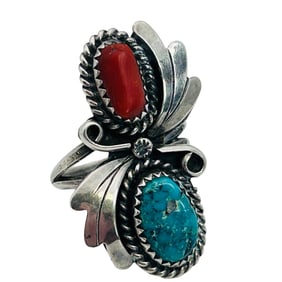 Navajo Sterling Turquoise Coral Ring Size 6, 6.04 G.