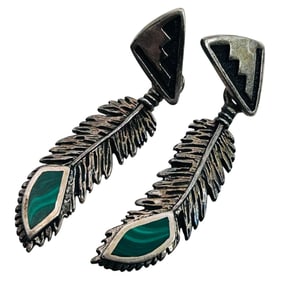 Southwest Malachite Signed J Sterling Feather Earring 6.85 G