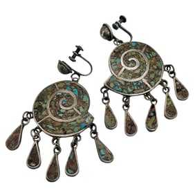 Signed Mexico Crushed Turquoise Sterling Dangle Screwback Earrings 19.29 G