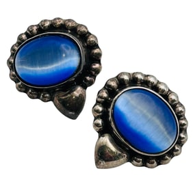 Mexico, Sterling Blue Cat Eye Pushback Earrings 14.2 G