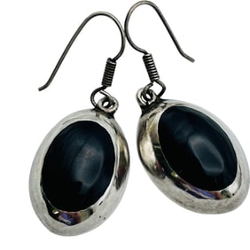 Taxco TV-102 Mexico, Sterling Black Stone Dangle Earrings 5.66 G