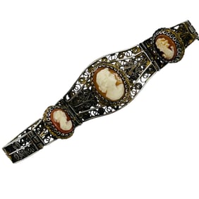 Vintage 800 Silver Cameo Filigree Bracelet 14 G