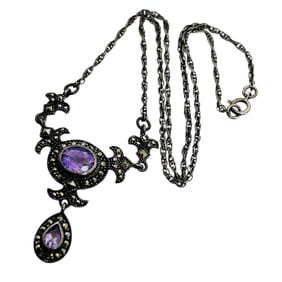 Amethyst Marcasite Sterling Cable Chain Necklace 7.85 G