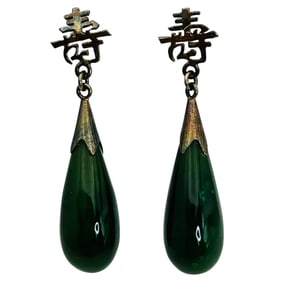 Sterling Green Stone Angle Earrings 4.4 G