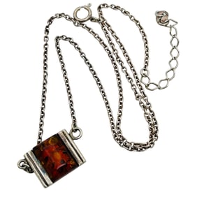 Amber Sterling Pendant Sterling Chain Necklace Adjustable 8g