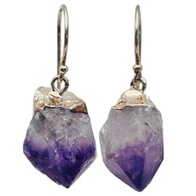 Amethyst, Rough Cut Sterling Dangle Earring 6.76 G