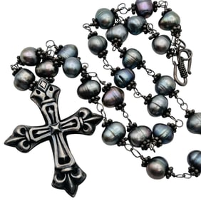 Tahitian Pearl Sterling Cross Rosary Necklace 47 G