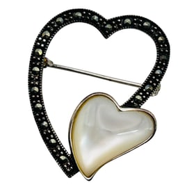 MARCASITE Mother Of Pearl Sterling Heart Brooch 5.26G