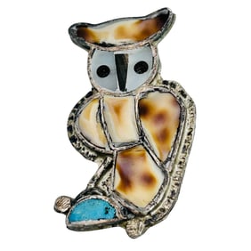 Zuni Navajo Sterling Vintage Inlay Stone Owl Brooch 4.92 G