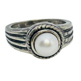 Single Pearl Sterling Lined Band Bezel Set Size 8, 8.43 G