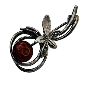 Sterling Amber Flower Brooch, 2.96 G