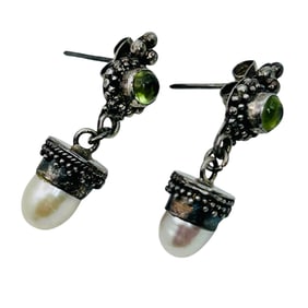 Peridot And Pearl Dangle Earrings Pushbacks 4.86 G