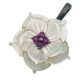 LS Carved Mother Of Pearl Ruby Flower Pendant 3.43 G
