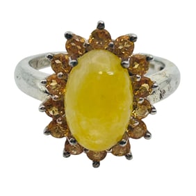 Yellow Jade And Citrine Halo Sterling Ring Size 7, 3.97 G