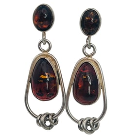 Amber Sterling Pushback Dangle Earrings 5.11 G