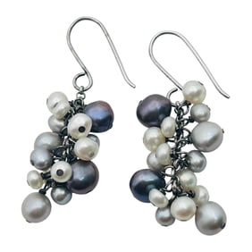 Pearl Cluster Sterling Dangle Earring 7.65 G